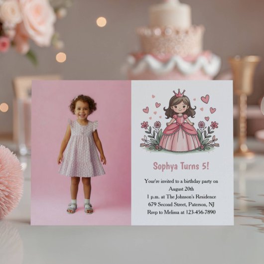 Invitation anniversaire enfant princesse rose mign