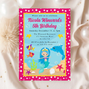 Invitation Anniversaire Enfant Sirène aux Cheveux Bleus Migno