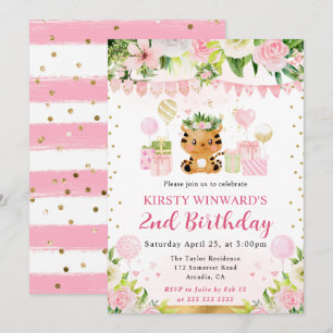 Invitation Anniversaire Enfant Tigre Rose Mignon Aquarelle