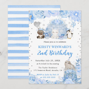 Invitation Anniversaire Enfants Animaux Arctiques Hiver Aquar