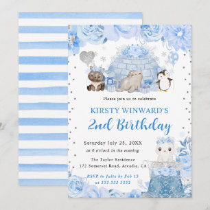 Invitation Anniversaire Enfants Animaux Arctiques Hiver Aquar