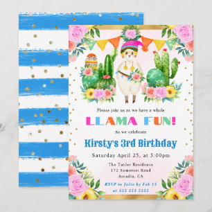 Invitation Anniversaire Enfants Lama Floral Été Aquarelle