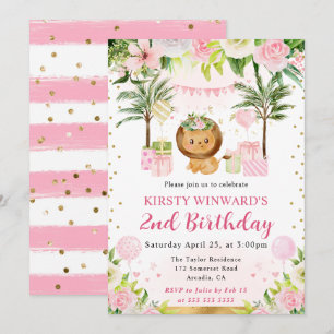 Invitation Anniversaire Enfants Lion Jungle Rose Mignon Aquar