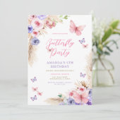 Invitation Anniversaire Enfants Papillons Rose Violet (Debout devant)