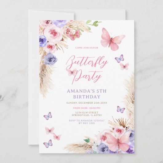 Invitation Anniversaire Enfants Papillons Roses Violets (Devant)