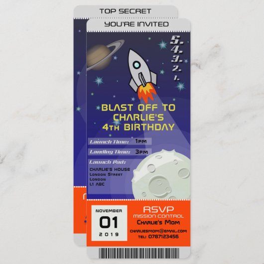 Invitation Anniversaire Espace Rocket Thème (Devant / Derrière)