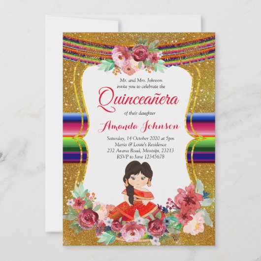 Invitation Anniversaire espagnol de Quinceañera rouge et or (Devant)
