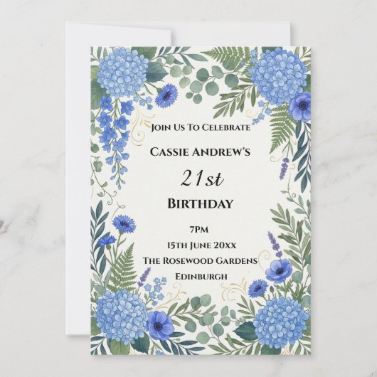 Invitation Anniversaire Étape Hydrangea Bleu (Devant)