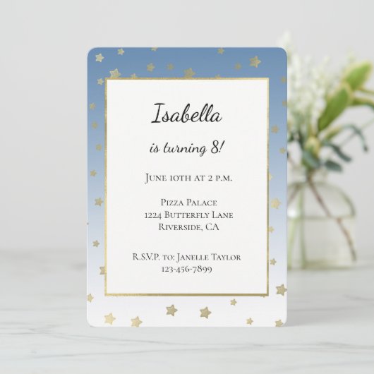Invitation Anniversaire Étoiles Or Blanc Bleu (Debout devant)