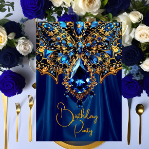 Invitation Anniversaire exotique Acier bleu Bijou d'or Papill