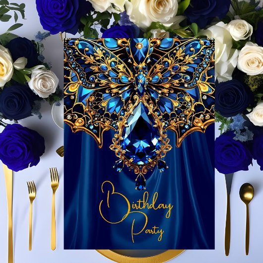 Invitation Anniversaire exotique Acier bleu Bijou d'or Papill