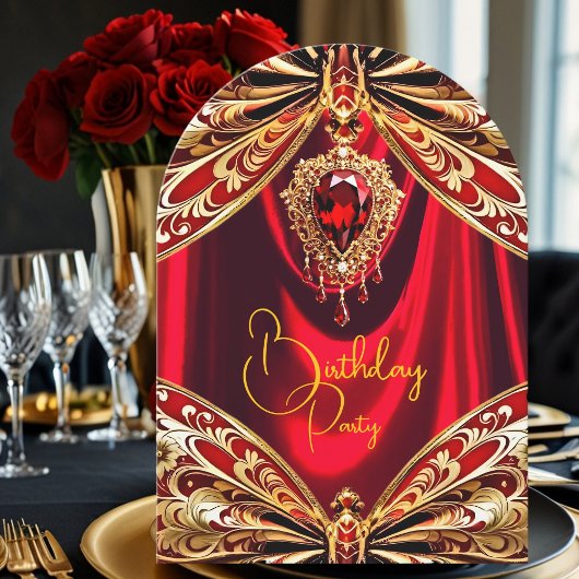 Invitation Anniversaire exotique Rouge Bijou d'or Papillon