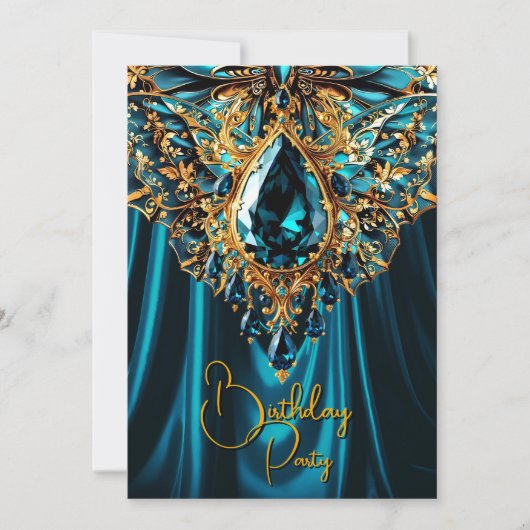 Invitation Anniversaire exotique Turquoise Bleu Bijou d'or Pa (Devant)