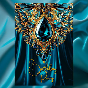 Invitation Anniversaire exotique Turquoise Bleu Bijou d'or Pa