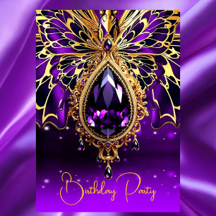 Invitation Anniversaire exotique violet bijou d'or Papillon