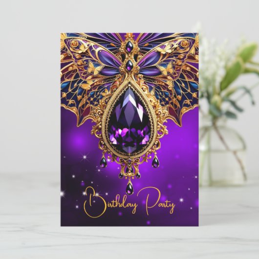 Invitation Anniversaire exotique Violet bleu or Bijou Papillo (Debout devant)