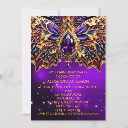 Invitation Anniversaire exotique Violet bleu or Bijou Papillo (Dos)