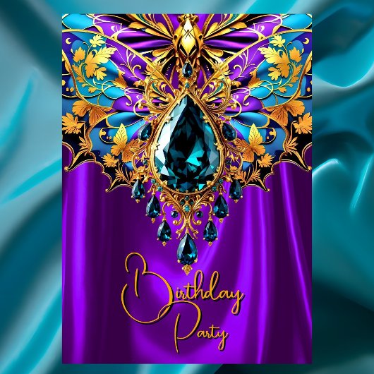 Invitation Anniversaire exotique violet turquoise Bijou d'or 