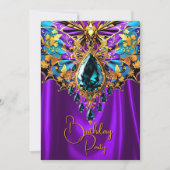 Invitation Anniversaire exotique violet turquoise Bijou d'or  (Devant)