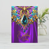 Invitation Anniversaire exotique violet turquoise Bijou d'or  (Debout devant)