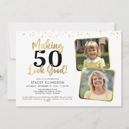 Invitation Anniversaire Fabriquer AGE Look Good 2 Photos Gold (Devant)