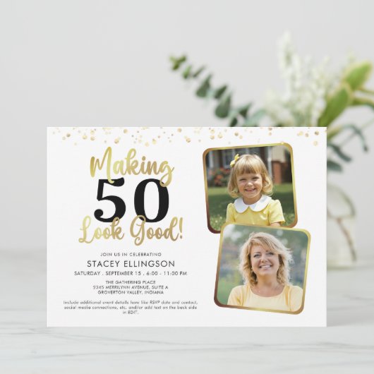 Invitation Anniversaire Fabriquer AGE Look Good 2 Photos Gold (Debout devant)