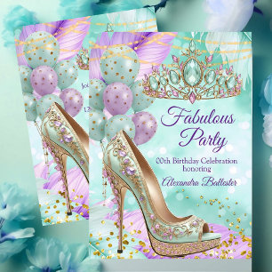 Invitation Anniversaire fabuleux Lilac Teal Tiara Talon Gold