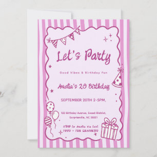 Invitation Anniversaire Fantaisiste avec des Rayures Roses et