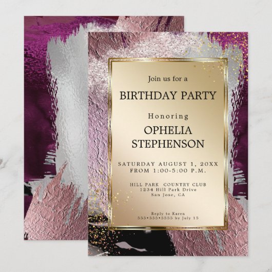 Invitation Anniversaire | Faux Métallurgie Plum Merlot Stroke (Devant / Derrière)