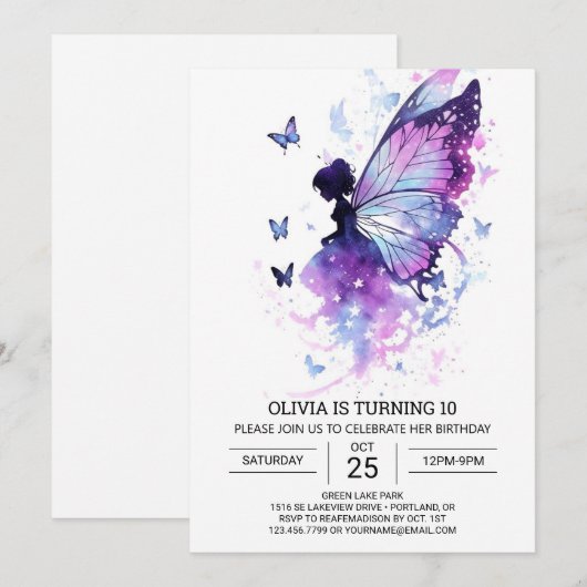 Invitation Anniversaire Fée De Charme (Devant / Derrière)