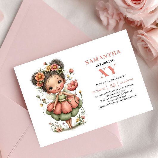 Invitation anniversaire Fée éthérée Fleur rose