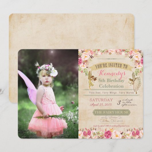 Invitation anniversaire Fée Vintage TOUT ÂGE (Devant / Derrière)