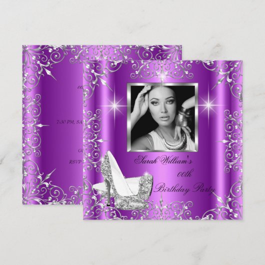 Invitation Anniversaire Femme Magenta Silver Heels Photo (Devant / Derrière)