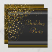 Invitation Anniversaire Femme Noir Or Perle Dorée Tourbillon  (Devant / Derrière)