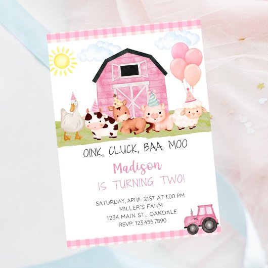 Invitation anniversaire Ferme Rose modifiable - th