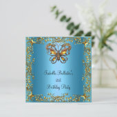 Invitation Anniversaire fête 21e papillon Turquoise Blue Gold (Debout devant)