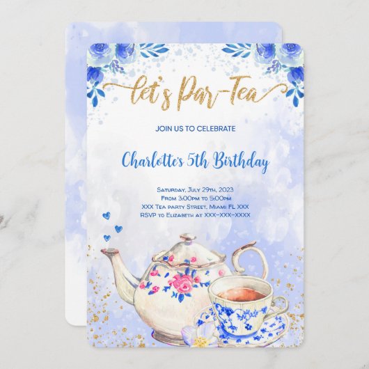 Invitation anniversaire fête à thé Bleu & Rose (Devant / Derrière)