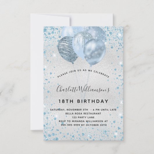 Invitation Anniversaire fête argent bleu parties scintillant  (Devant)