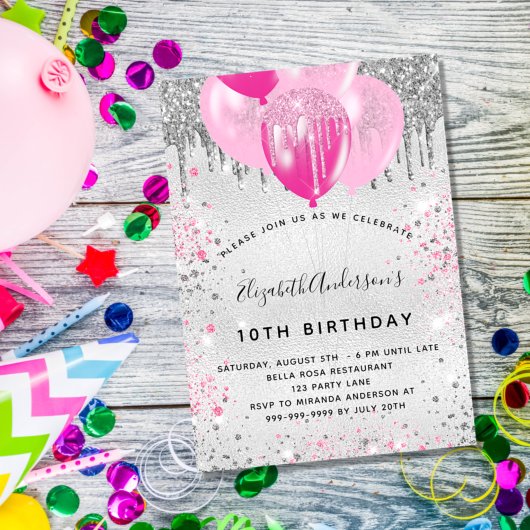 Invitation Anniversaire fête argent rose parties scintillant