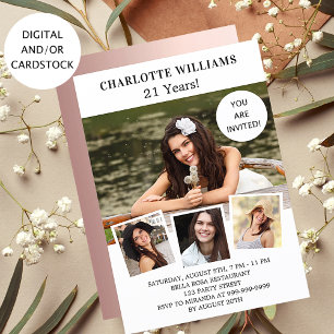 Invitation Anniversaire fête blanche rose or collage photo