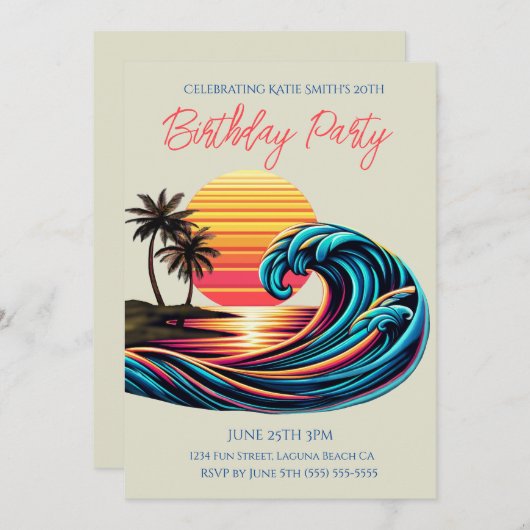 Invitation Anniversaire fête-coucher Rétro Surf Vague (Devant / Derrière)