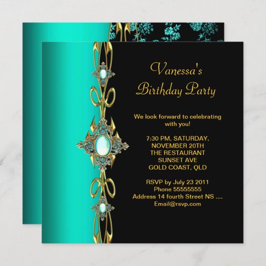 Invitation Anniversaire Fête Damas Turquoise Vert Bleu Or Noi (Devant / Derrière)
