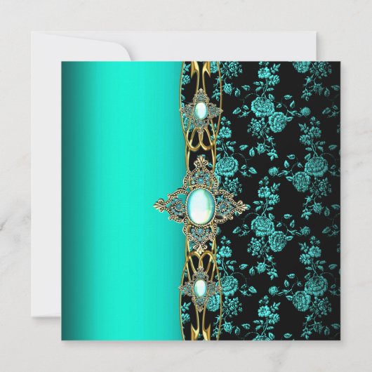 Invitation Anniversaire Fête Damas Turquoise Vert Bleu Or Noi (Dos)