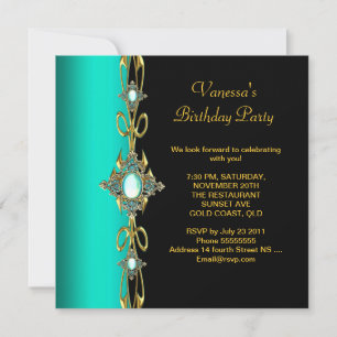 Invitation Anniversaire Fête Damas Turquoise Vert Bleu Or Noi