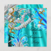 Invitation Anniversaire Fête de Mascarade Fabuleuse Bleu Turq (Devant / Derrière)