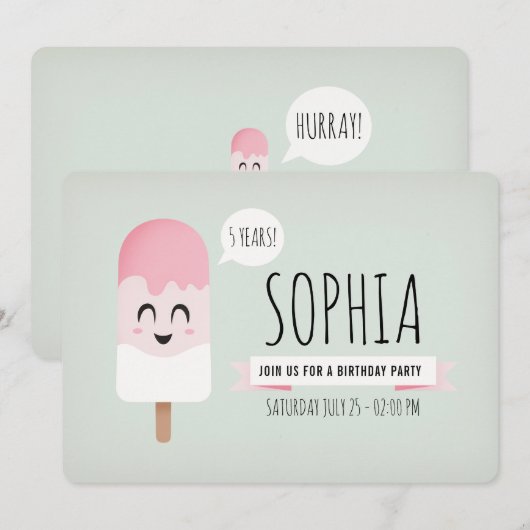 Invitation Anniversaire Fête Girl Cute Retro Icecr (Devant / Derrière)