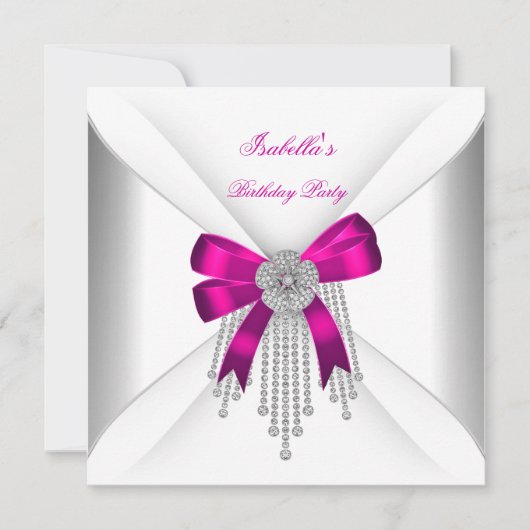 Invitation Anniversaire Fête Hot rose Bow Argent Blanc Diaman (Devant)