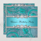Invitation Anniversaire Fête Joli Turquoise Floral Diamond Im (Devant / Derrière)