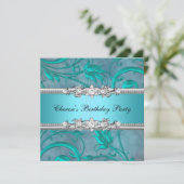 Invitation Anniversaire Fête Joli Turquoise Floral Diamond Im (Debout devant)