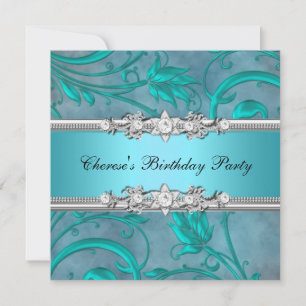 Invitation Anniversaire Fête Joli Turquoise Floral Diamond Im